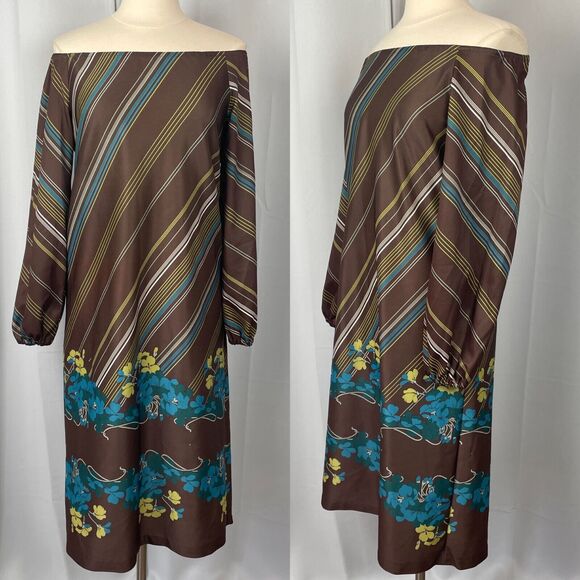 Vintage Boho Dress Size Medium Floral Brown Blue Off Shoulder 70s Retro Hippie - Picture 1 of 16